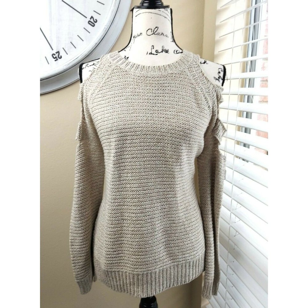Alya Womens Size Medium Beige Strappy Sleeve Sweater